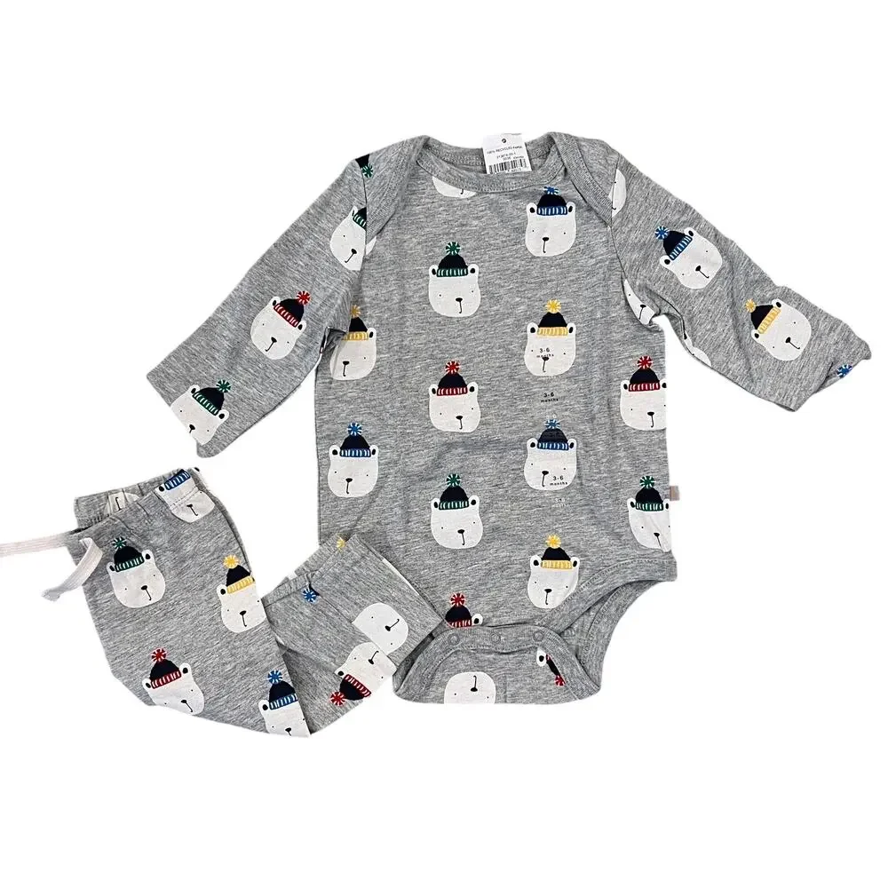 NWT GAP Baby Grey W/Polar Bear Print Bodysuit & Pull-On Pants - SIZE 3-6M